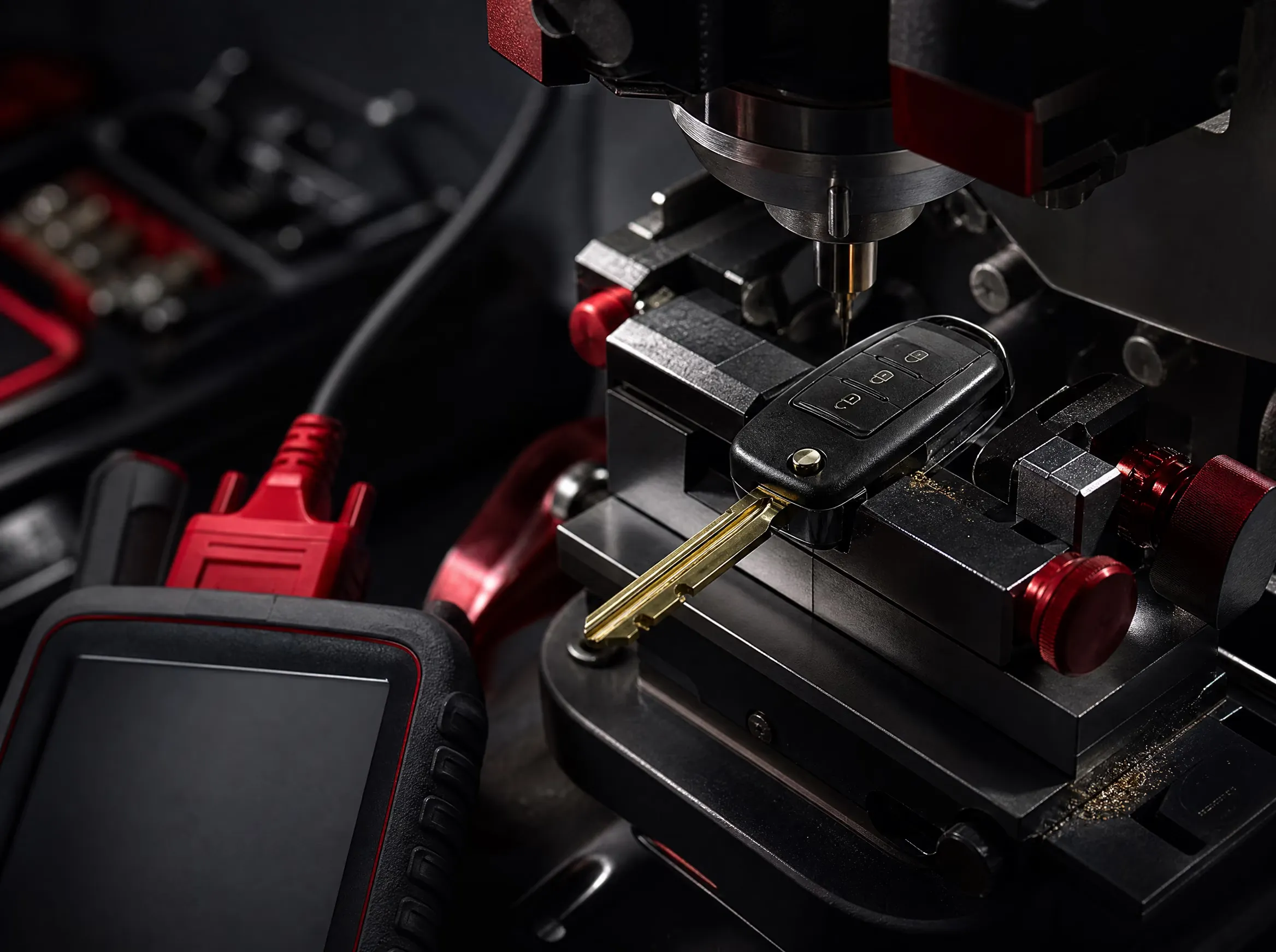An OEM automotive key fob clamped in a key-cutting and programming machine in the Vernon Lock workshop