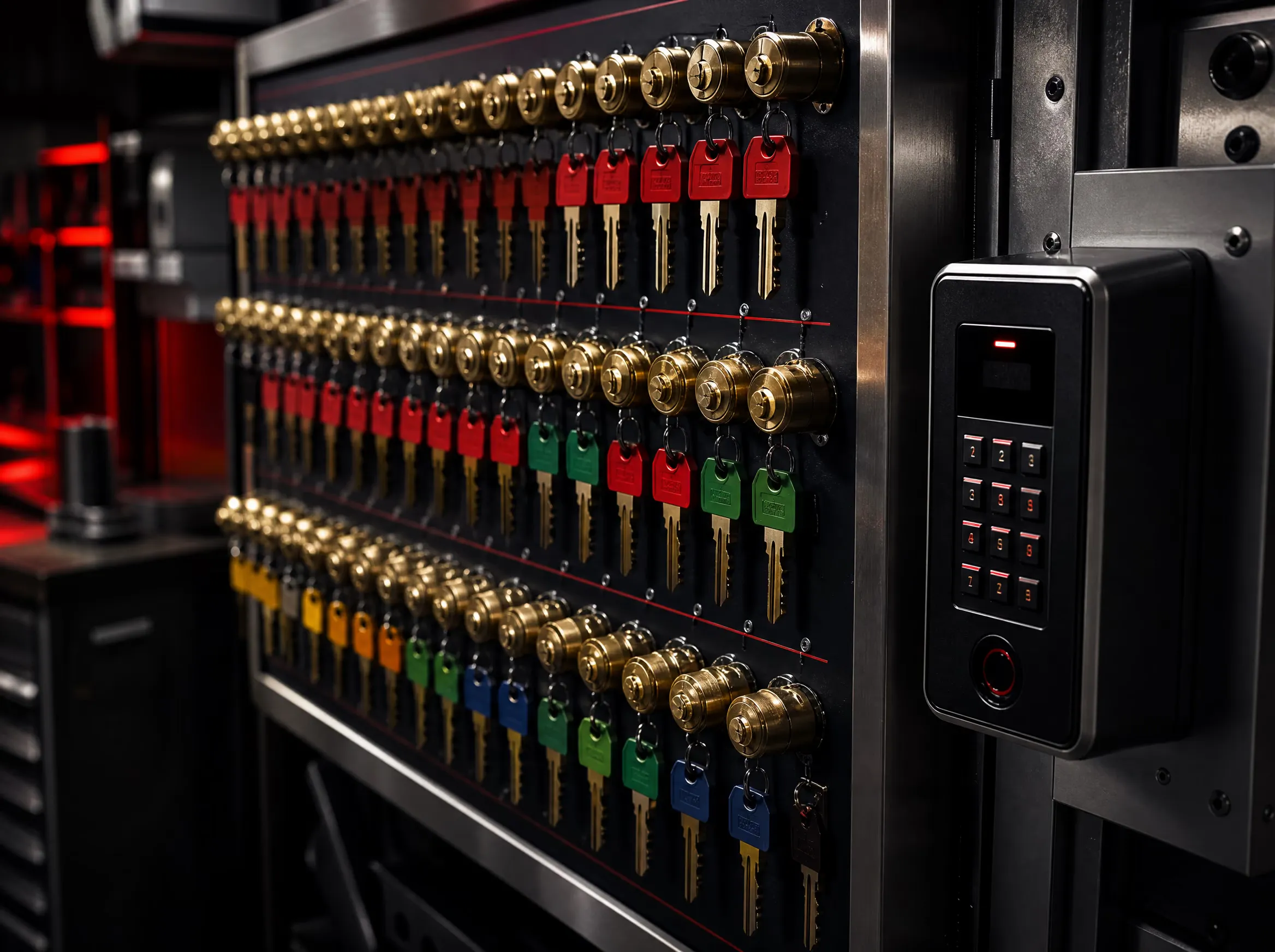 A commercial master-key board with rows of labelled brass cylinders beside an access-control keypad