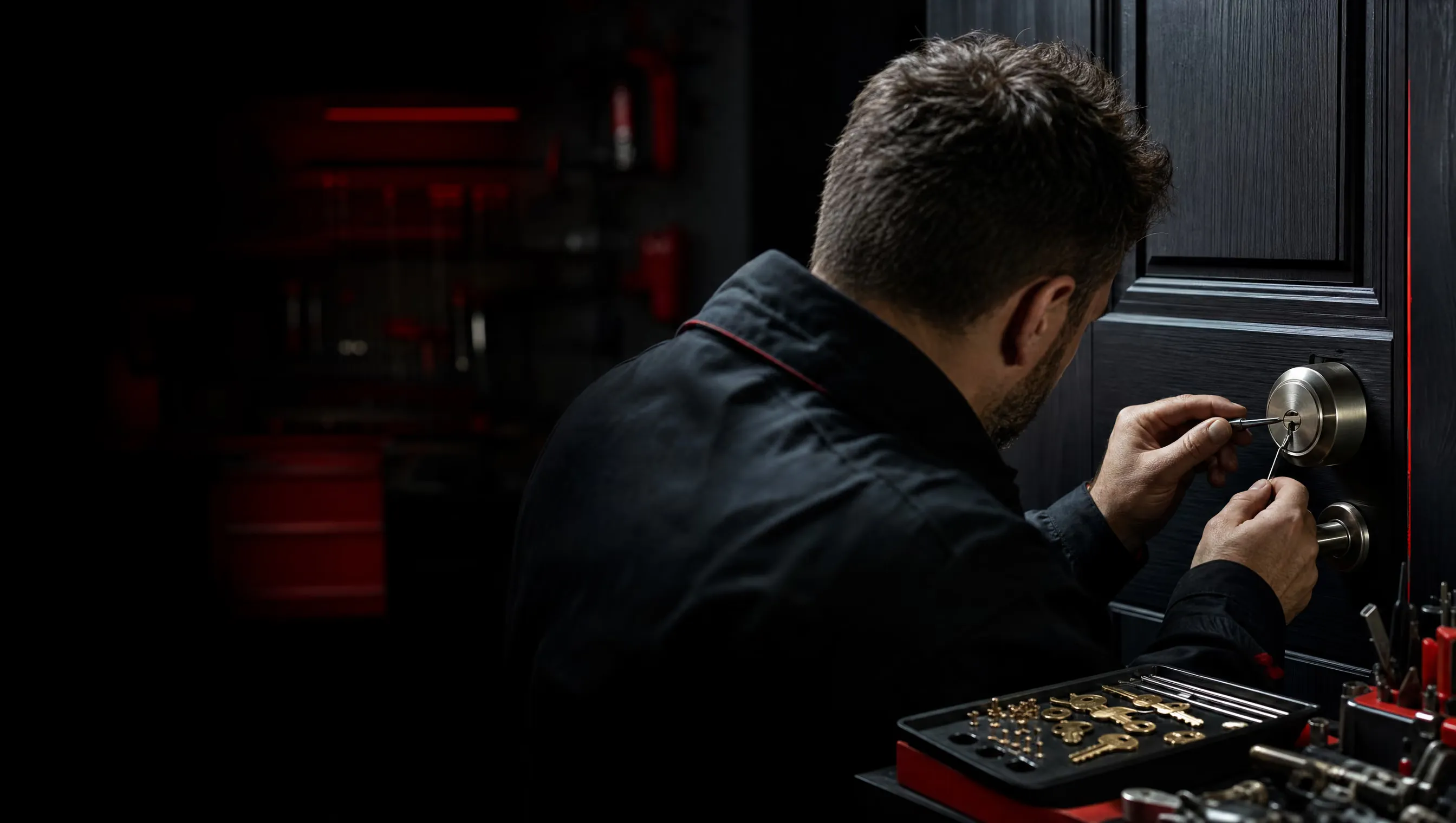 A Vernon Lock locksmith re-keying a deadbolt on a home’s front door