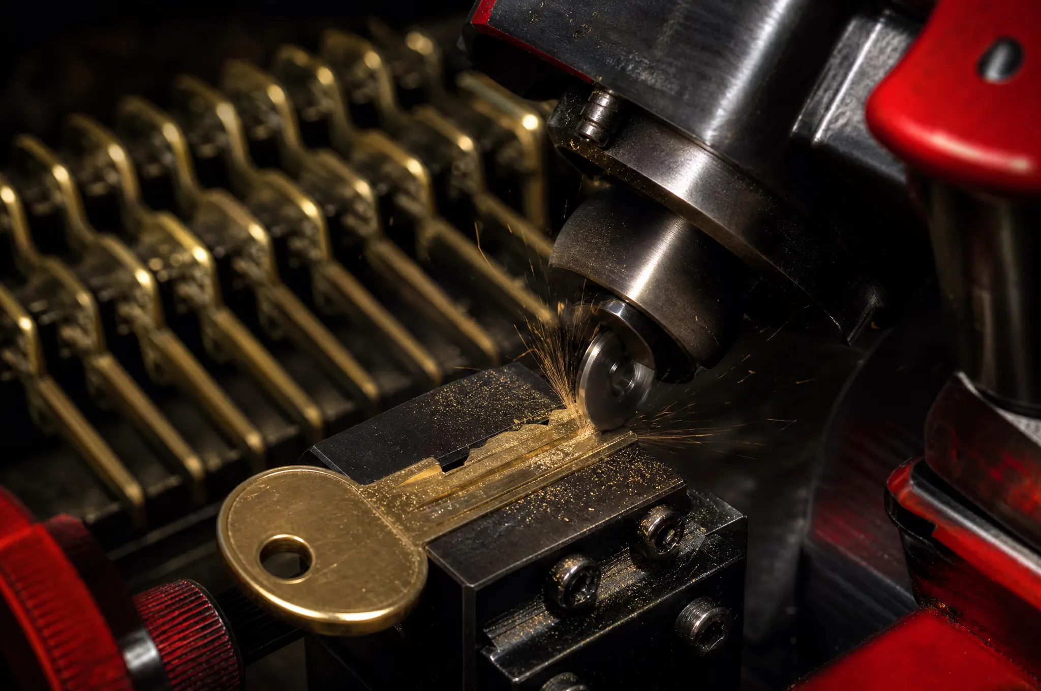 A brass key being duplicated on a key-cutting machine at Vernon Lock