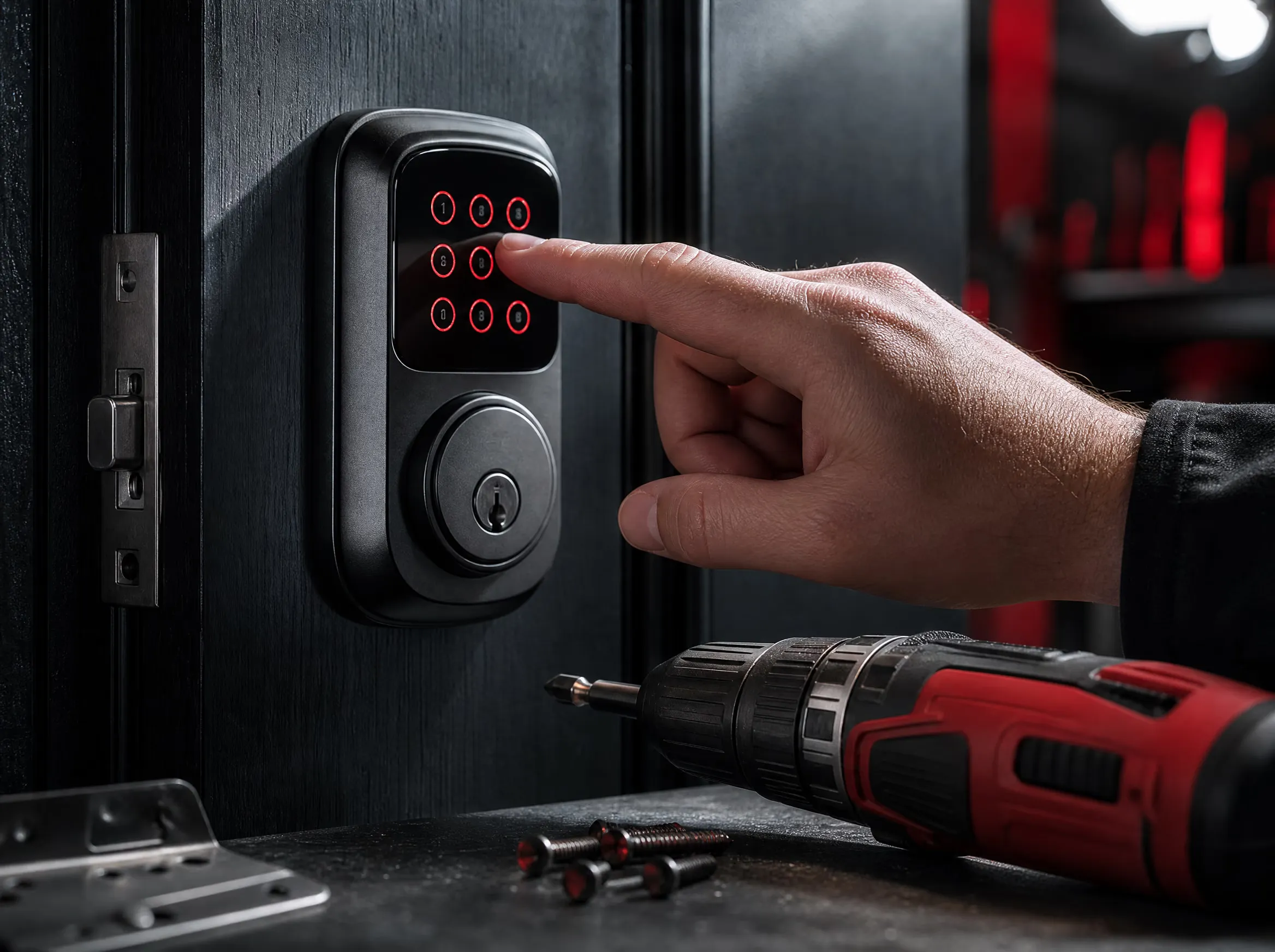 A smart keyless deadbolt with a backlit keypad being installed on a home’s front door